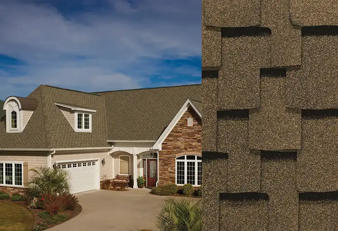 Grand Sequoia RS shingles in Sandalwood, on a house and up close