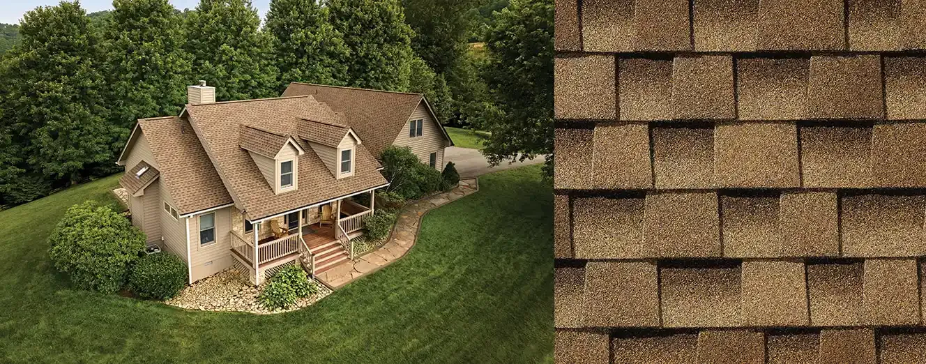 Timberline HDZ shingles in Shakewood, on a house and up close