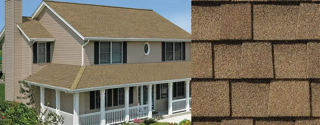 Timberline NS shingles in Shakewood, on a house and up close