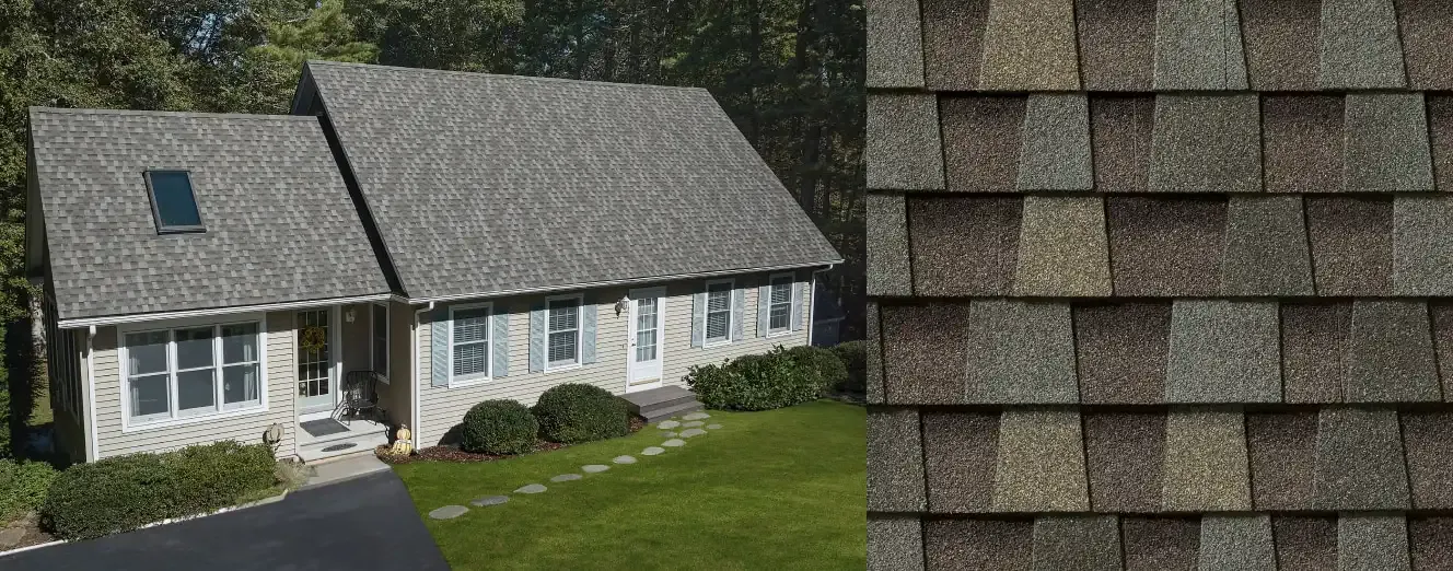 Timberline HDZ shingles in Sierra Sand, on a house and up close