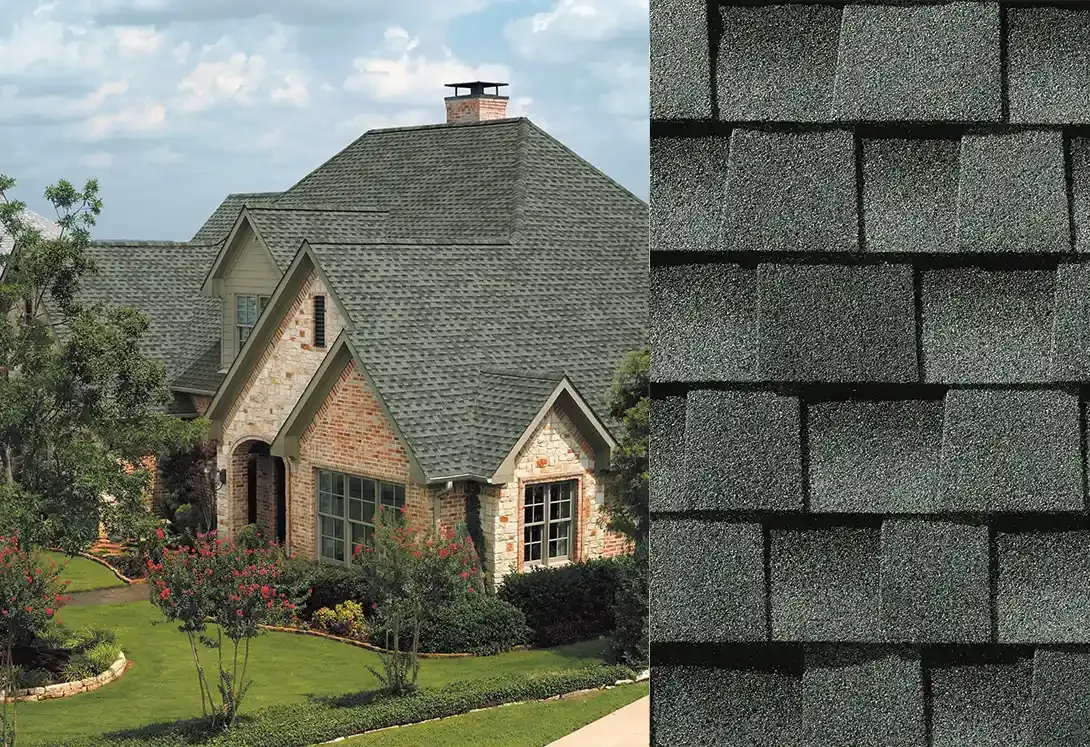 Timberline HDZ shingles in Slate, on a house and up close