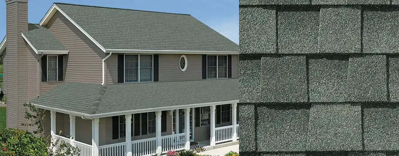 Timberline NS shingles in Slate, on a house and up close