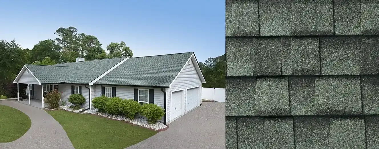 Timberline UHDZ shingles in Slate, on a house and up close