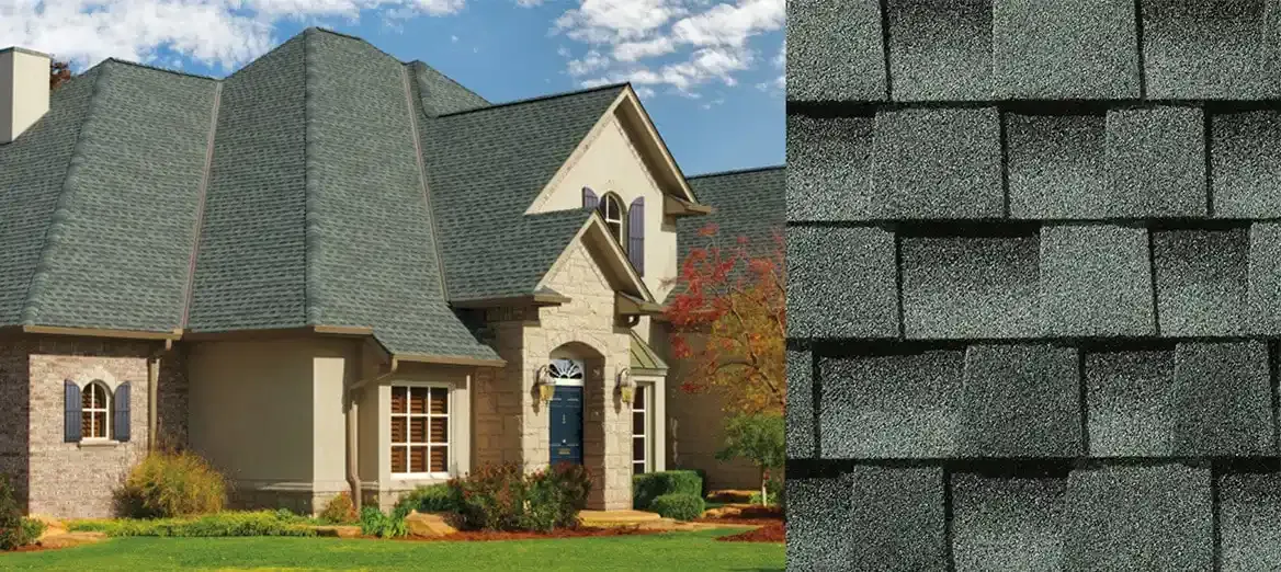 Timberline AS II shingles in Slate, on a house and up close