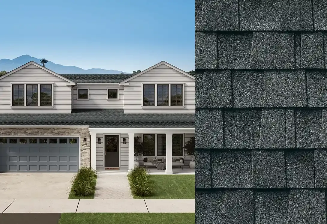 Timberline HDZ RS shingles in Stone Gray, on a house and up close
