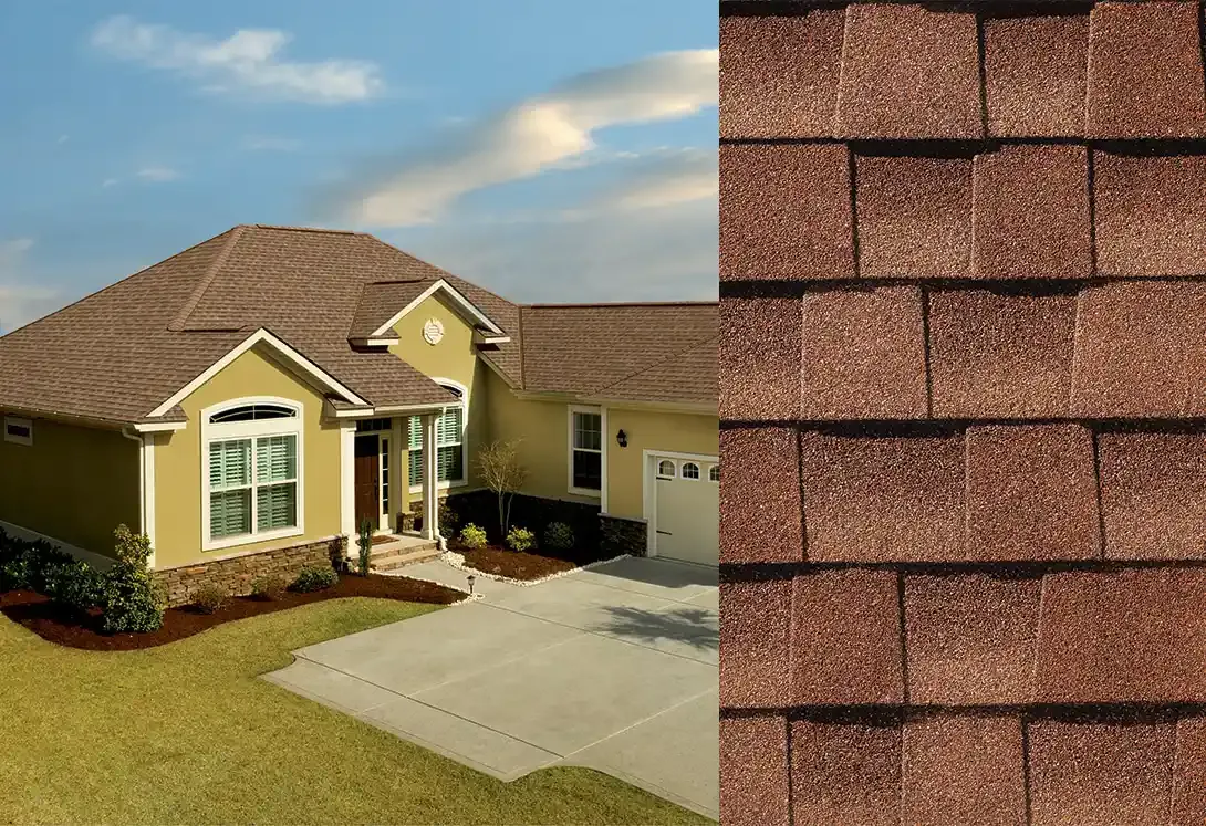 Timberline HDZ shingles in Sunset Brick, on a house and up close