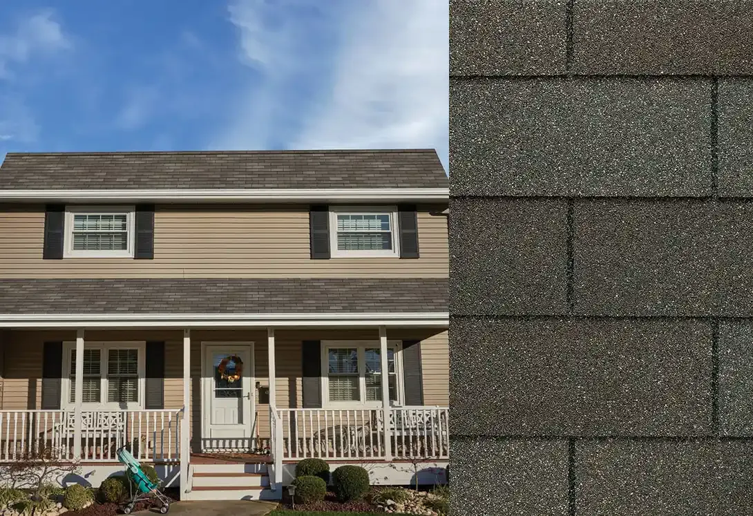 Royal Sovereign shingles in Weathered Gray, on a house and up close