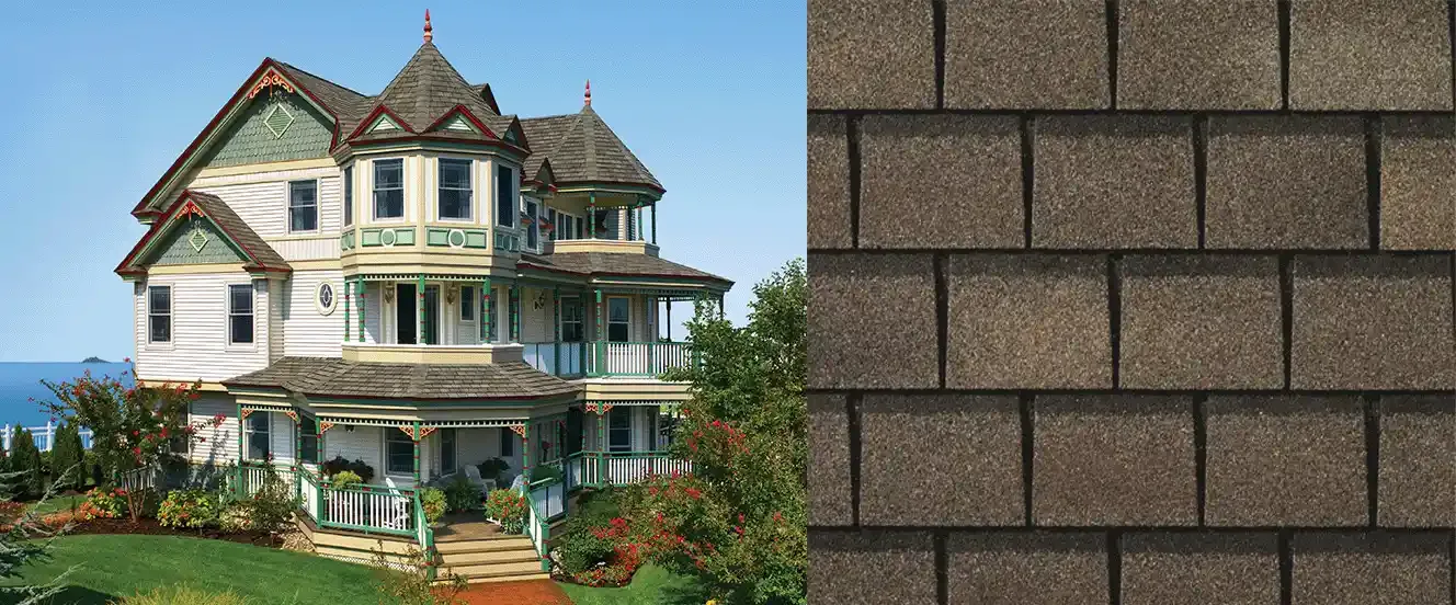 Slateline shingles in Weathered Slate, on a house and up close