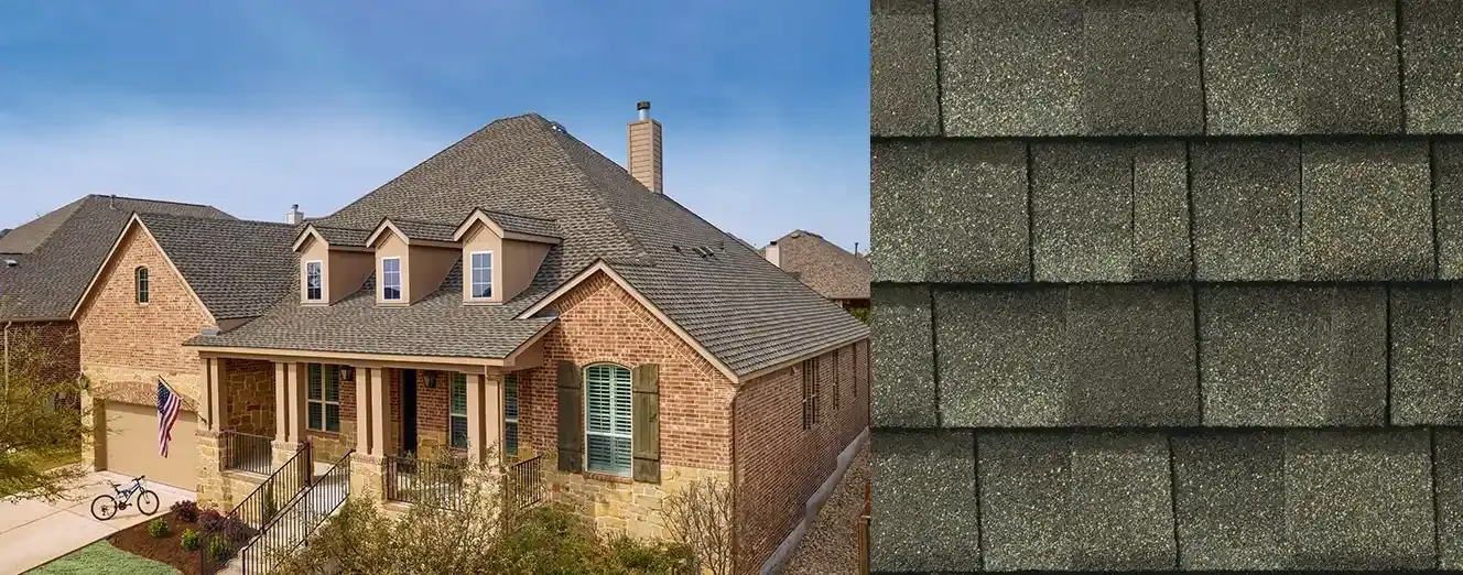Timberline UHDZ shingles in Weathered Wood, on a house and up close