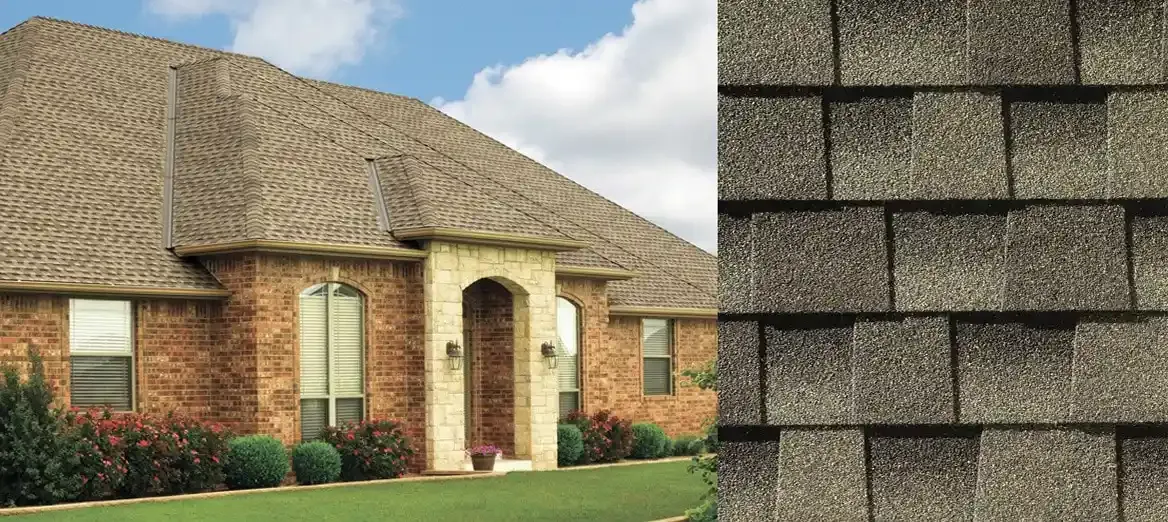 Timberline AS II shingles in Weathered Wood, on a house and up close