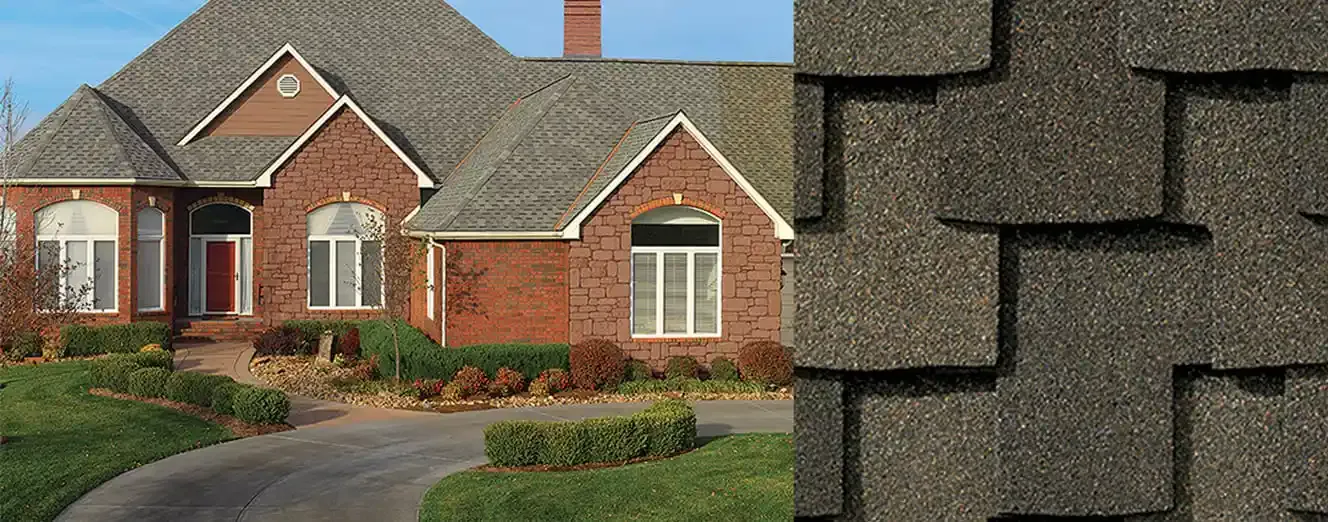 Grand Sequoia AS shingles in Weathered Wood, on a house and up close