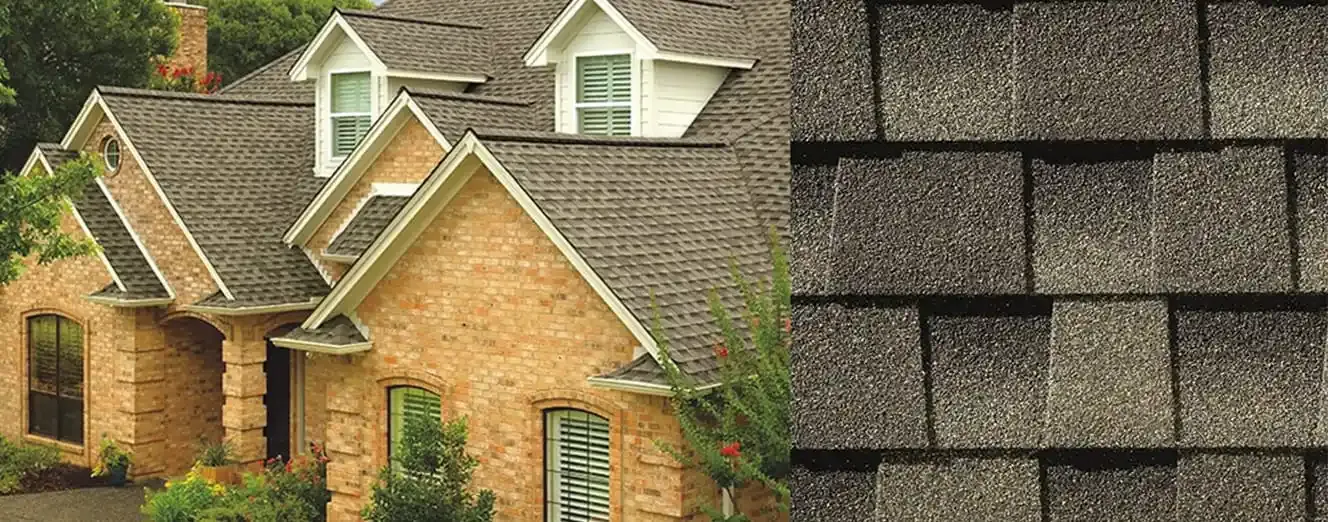 Timberline HDZ shingles in Weathered Wood, on a house and up close