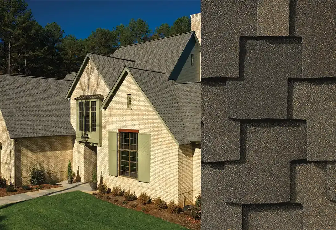 Grand Sequoia shingles in Weathered Wood, on a house and up close