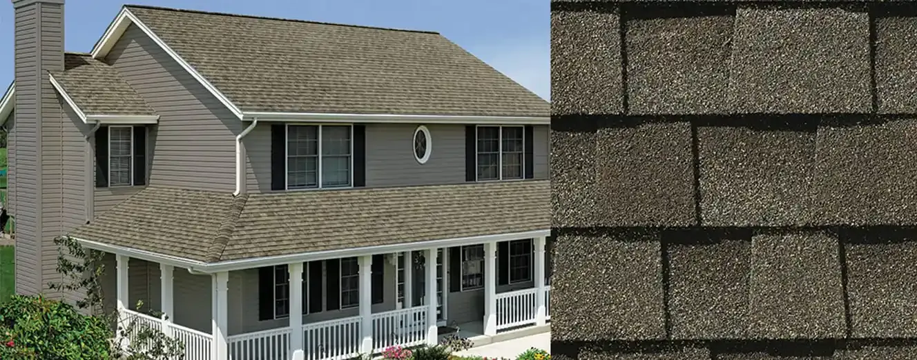 Timberline NS shingles in Weathered Wood, on a house and up close