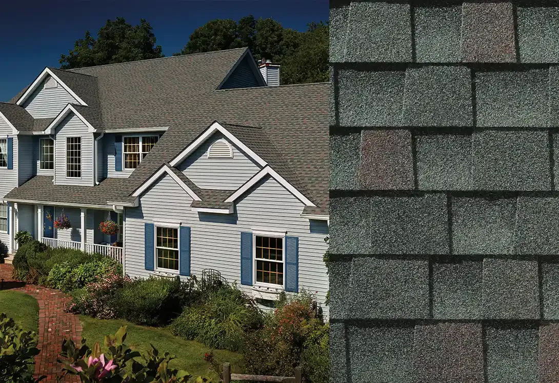 Timberline HDZ shingles in Williamsburg Slate, on a house and up close